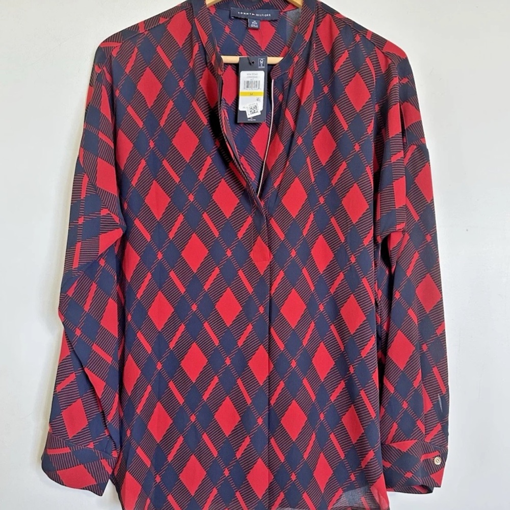 TOMMY HILFIGER Red Blue Plaid Blouse NWT Size Medium Tunic